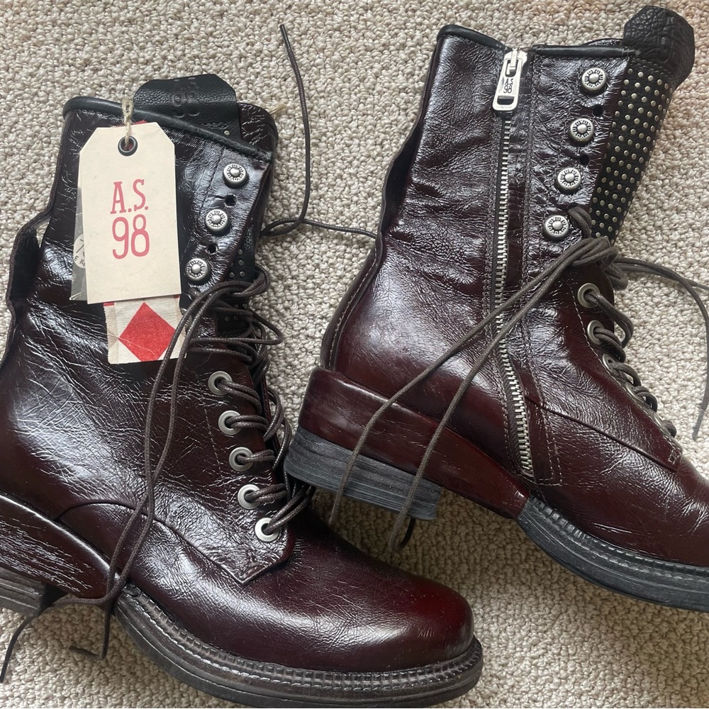 NWT A.S.98 Distressed Lace Zipper Leather Moto Combat Boots AS 98